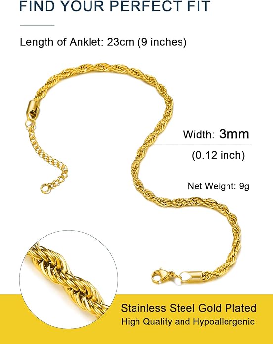 ChainsPro Resizable Anklet Chain for Women Men, Figaro/Wheat/Twist Rope/Cuban Foot Bracelet-Strong with Good Clasp-18K Gold Plated(Send Gift Box)