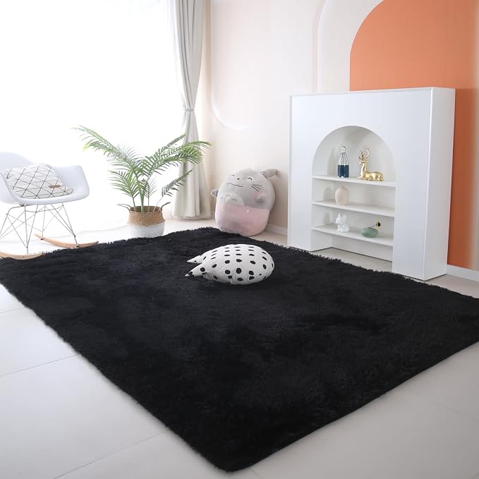Black Shag Area Rug 8x10 Living Room - Large Soft Fluffy Area Carpet | Black Style: Naturally Hides Dirt And Pet Hair - Perfect For Living Rooms Bedrooms Pet-Friendly Areas