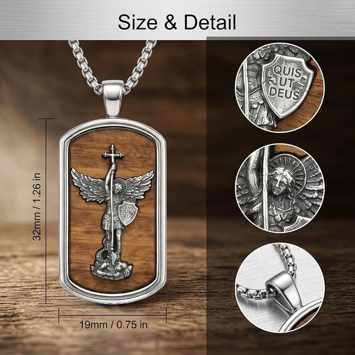 ONEFINITY Wooden Necklace Viking Wolf/St Benedict Medals/St Michael/Crucifix/St Christopher Pendant Necklace for Men Archangel Amulet Wooden Religious Jewelry Gifts for Men Women