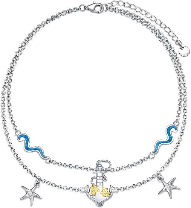 Dragonfly/Evil Eye/Hamsa Evil Eye/Lotus/Mushroom Anklet Bracelets for Women Sterling Silver Adjustable Double Layered Bracelet Anklet Mother's Day Jewelry Gifts Beach Jewelry