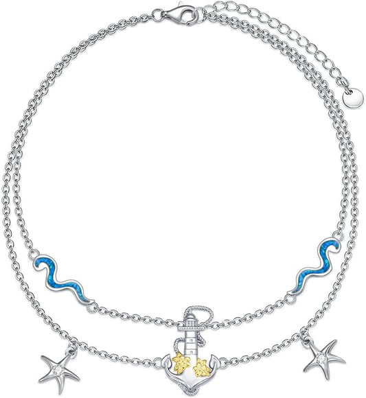 Dragonfly/Evil Eye/Hamsa Evil Eye/Lotus/Mushroom Anklet Bracelets for Women Sterling Silver Adjustable Double Layered Bracelet Anklet Mother's Day Jewelry Gifts Beach Jewelry