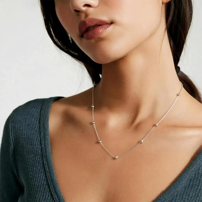 925 Sterling Silver Bead Chain Necklace for Women Simple Dainty Satellite Beaded Chain Necklace, Sturdy Chains Necklaces Jewelry with Lobster Clasp | 16/18/20/22/24 Inches