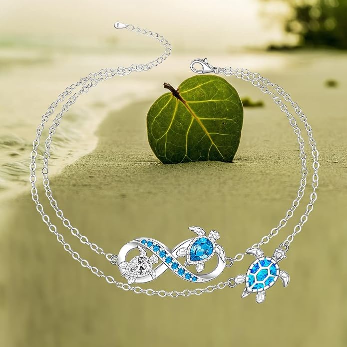 Fenthring Turtle Anklet S925 Sterling Silver Blue Opal Sea Turtle Ankle Bracelets for Women Infinity Wave Ocean Beach Summer Foot Bracelet Jewelry Layered Adjustable