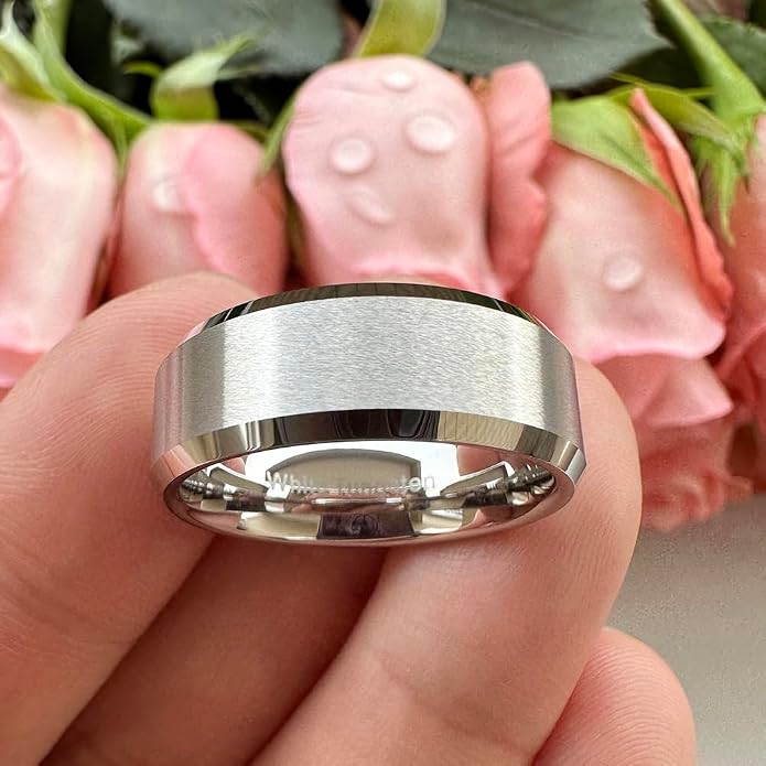 TUTISS 6mm 8mm White Tungsten Rings for Men Women Couple Fashion Jewelry Engagement Wedding Bands Matte Finish Beveled Edges Comfort Fit