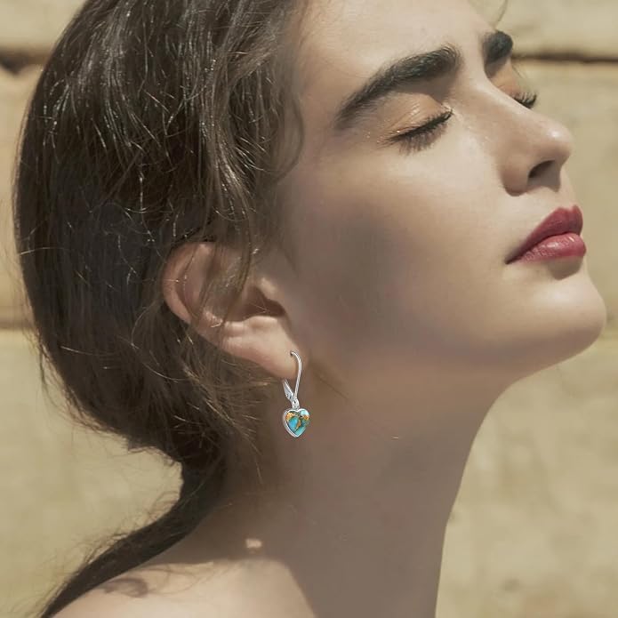 Heart Natural Turquoise Earrings for Women - Top AAA Grade, Hypoallergenic 925 Sterling Silver Leverback Dangle Earrings, Trendy Jewelry Gifts