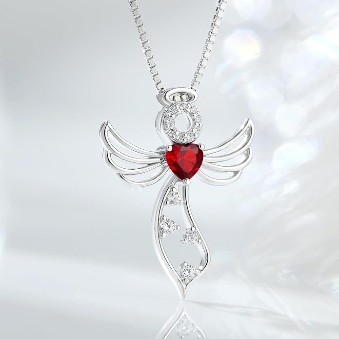 925 Sterling Silver Guardian Angel Pendant Necklace for Women - Birthstone Cubic Zirconia, 18" Chain, Gift for Her