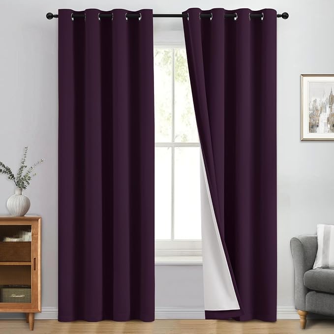 Yakamok Dark Purple 100% Blackout Curtains 84 Inches Long 50" Wide 2 Panels | Blackout Curtain Panels for Bedroom, 2 Thick Layers Grommet Top Thermal Insulated Drapes with White Back for Living Room