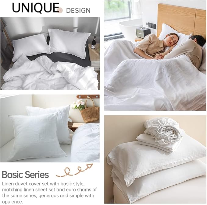 Simple&Opulence 100% Linen Duvet Cover Set 3pcs Basic Style Natural French Washed Flax Solid Color Soft Breathable Farmhouse Bedding with Button Closure - White, King
