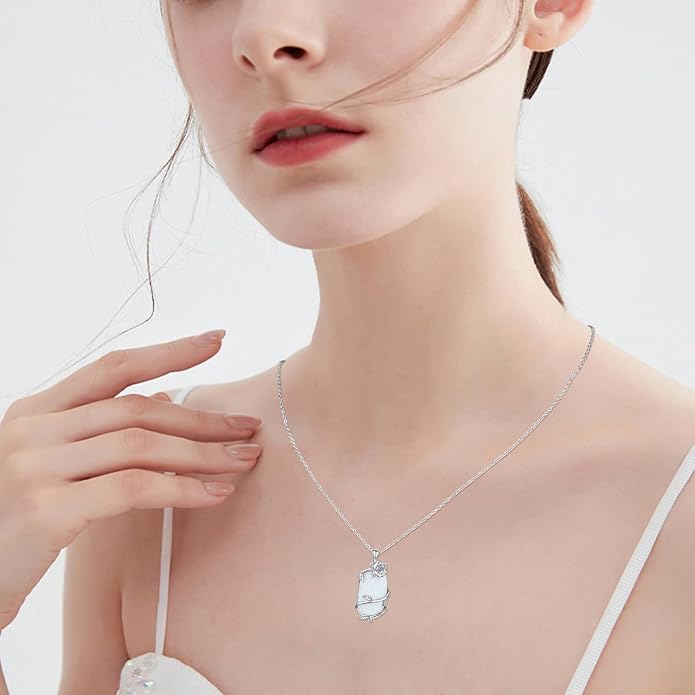 Bar Opal Leaf Necklace For Women S925 Sterling Silver White Opal Pendant with Leaf Charm Bar Pendant Jewelry Gift For Mom Daughter Wife