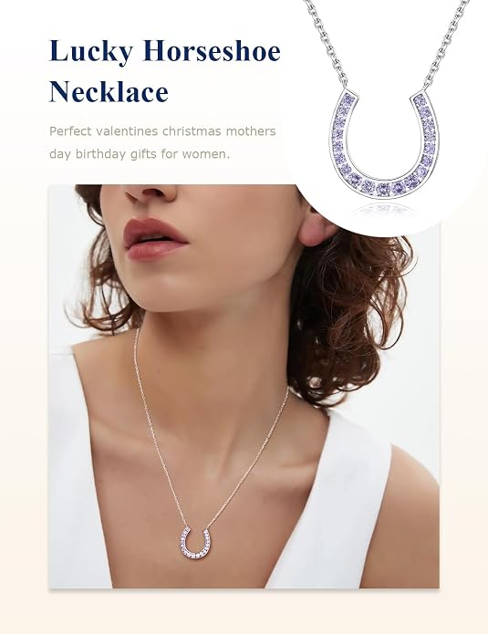 Luck Horseshoe Necklace 14K Gold Plated/Sterling Silver Created Gemstone Pendant with Chain Channel Set U Shaped Charm Necklace Birthstone Jewelry