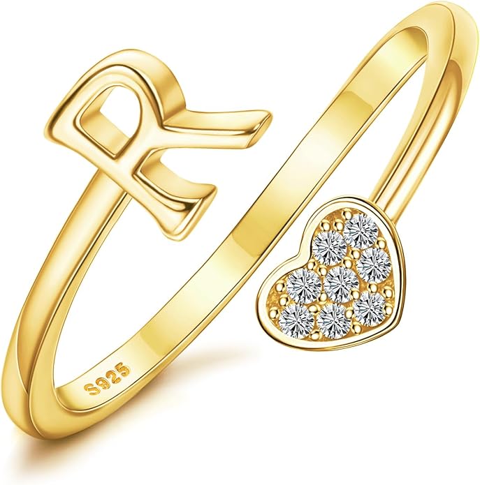 MILACOLATO 925 Sterling Silver Initial Rings for Women Teen Girl 18K Gold Plated Heart Initial Rings Adjustable Capital Letter Ring Stackable Thumb Pinky Rings for Daughter Birthday Bridesmaid Gifts Jewelry, A to Z