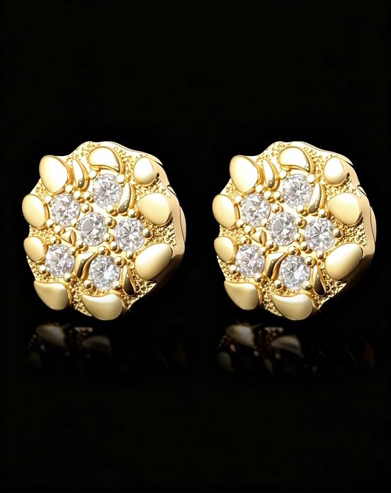 18K Gold Plated Moissanite Nugget Earrings for Men, 13.5MM Big Magnetic Stud Earring for Non-piercing Ear Sterling Silver Fake Clip On Diamond Earrings Hip Hop D VVS1 Certified 0.6CT