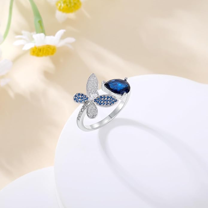925 Sterling Silver Drangonfly/Butterfly Open Finger Rings Adjustable Dainty Gemstone Sapphire Emerald Green Ring for Women Round/Pear/Princess Engagement Promise Ring