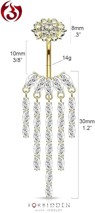 Forbidden Body Jewelry Surgical Steel Dangle Belly Button Ring with Drop CZ Chandelier & Internally Threaded CZ Flower Top