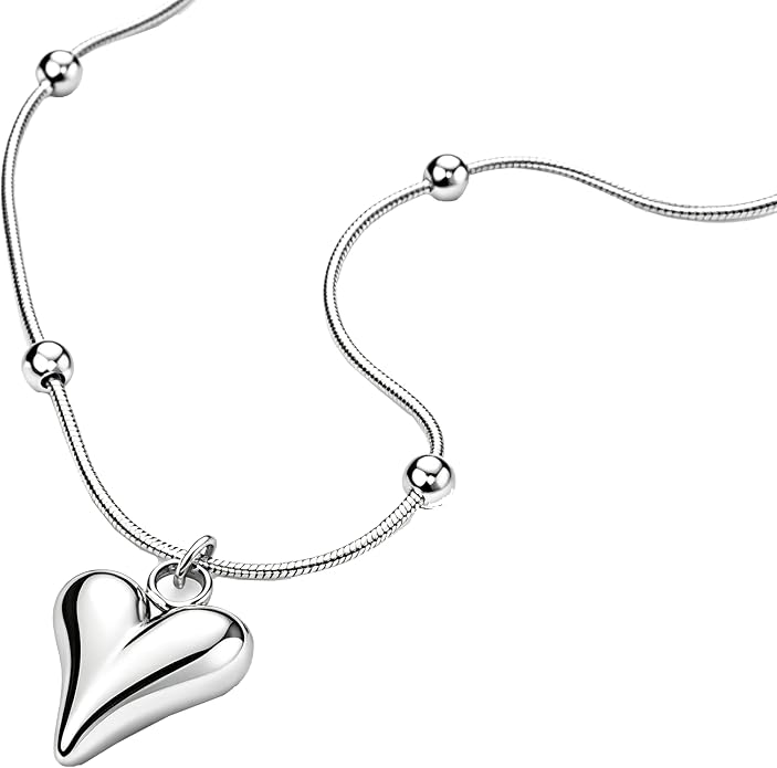 Heart Necklace for Women, Minimalist Pendant Choker Chain, Adjustable Delicate Jewelry in Silver Tone