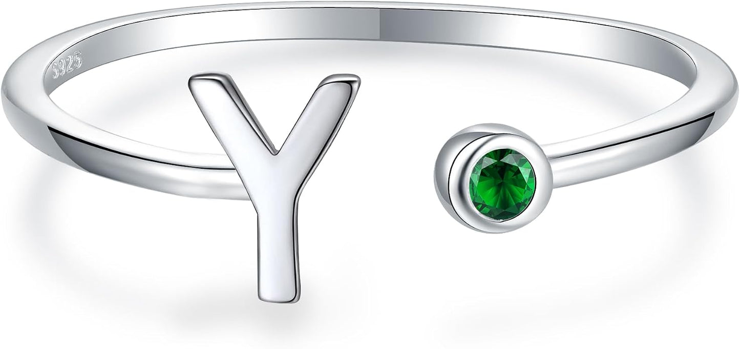 925 Sterling Silver Initial Letter Birthstone Rings for Women Adjustable 1-12 Month Birthstone Alphabet Stacking Ring for Teens Girls Stackable Birthstone Rings Birthday Jewelry Gift for Daughter Mom