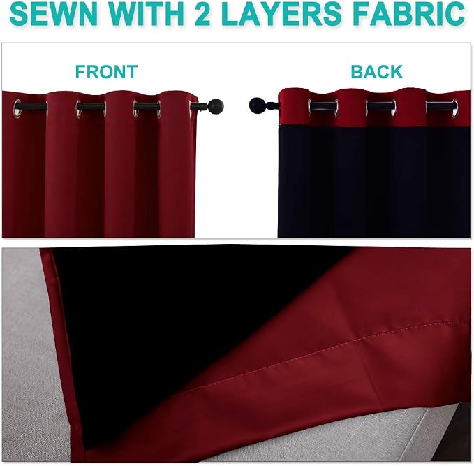NICETOWN Truly Blackout Drapes for Living Room, Heavy-Duty Full Light Shading Curtain Set with Black Liner Backing for Villa/Hall/Dorm Window（Burgundy Red, Set of 2, 55 inches Wide x 96 inches Long