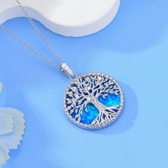 Tree of Life Moissanite Necklace, 925 Sterling Silver 0.5 Carat Moissanite Abalone Shell/Opal/Black Onyx/Turquoise/Malachite/Tiger Eye Stone Tree of Life Pendant Necklaces Jewelry Gift for Women Mom