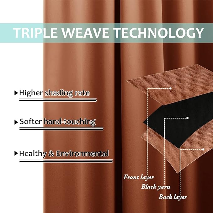 NICETOWN 100% Blackout Window Curtain Panels, Full Light Blocking Drapes with Black Liner for Nursery, 72-inch Drop Thermal Insulated Draperies (Burnt Orange, 2 Pieces, 52-inch Wide Per Panel)