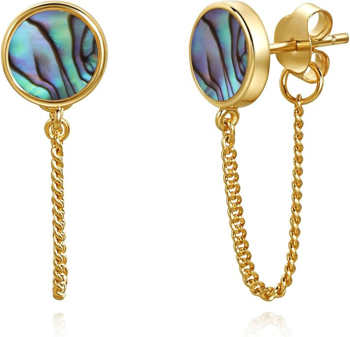 S.Leaf Gold Stud Earrings for Women 925 Sterling Silver Hypoallergenic Mother of Pearl Shell Stud Chain Earrings Friendship Jewelry Gifts for Women Her