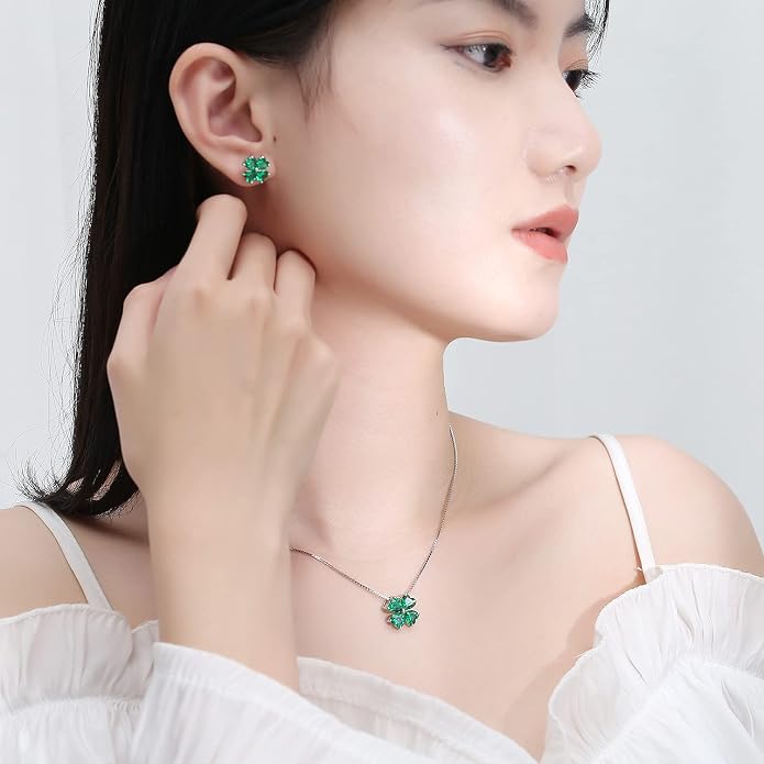 JIANGXIN Colorful Birthstone 925 Sterling Silver Handmade Pendant Necklace for Women Lucky Four Leaf Clover Plant Shamrock Jewelry Rhodium Plated