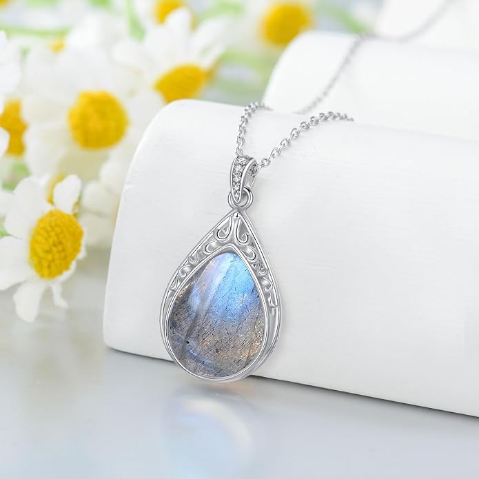 HPQQ Teardrop Necklace 925 Sterling Silver Filigree Gemstone Pendant Necklace Fine Jewelry Birthday Mother's Day Gifts for Women Her Mom