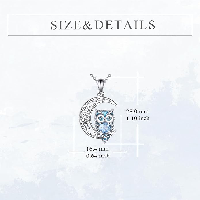 Owl Birthstone Necklace Sterling Silver Celtic Moon Pendant Cubic Zirconia Owls Jewelry Birthday Gifts for Women Men