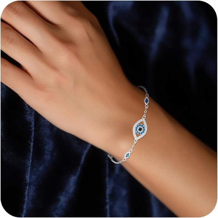 Blue Evil Eyes Link Bracelet, Evil Eye Earrings, S925 Sterling Silver Dainty Cubic Zirconia Adjustable Link Lobster Claw Clasp Chain Jewelry