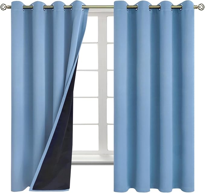 BGment Thermal Insulated 100% Blackout Curtains for Bedroom with Black Liner, Double Layer Full Room Darkening Noise Reducing Grommet Curtain (52 x 63 Inch, Denim Blue, 2 Panels)