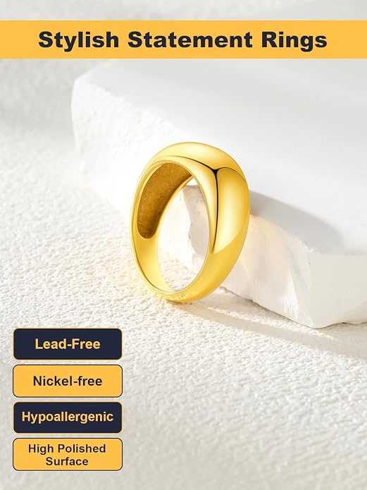 U7 Chunky Gold Dome Rings for Women, Stainless Steel/18KGold Plated/Black Statement Ring Non Tarnish Women Rings, Size 7-12
