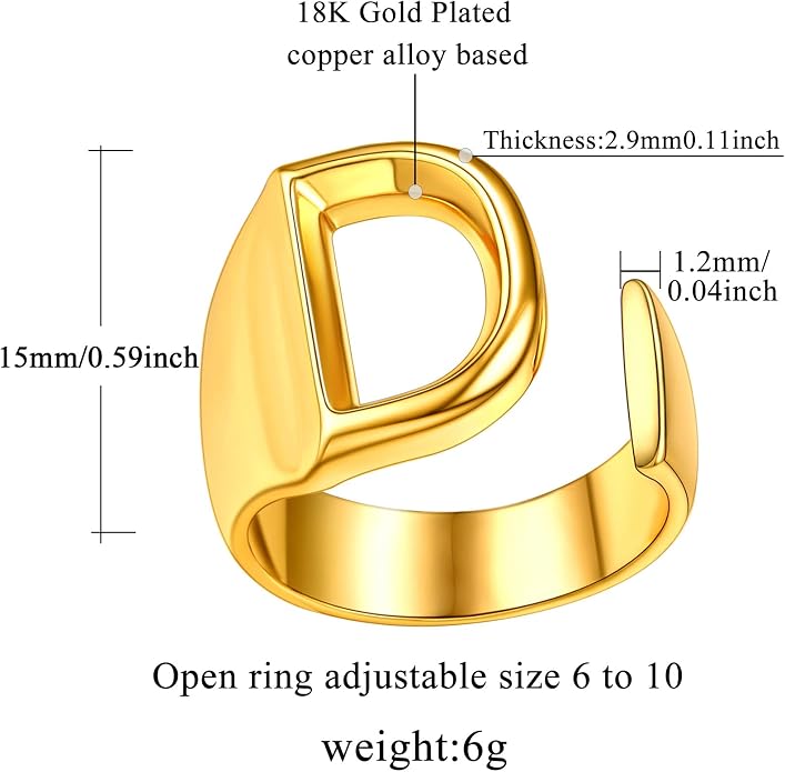 FindChic Customizable Initial Ring Statement 18K Gold Plated Fashion Cuff Rings for Women Alphabet Letter A to Z Resizable Knuckle Ring (with Gift Box)