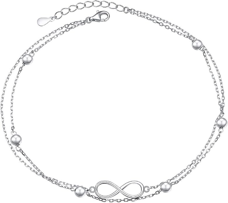 Flyow Anklet for Women S925 Sterling Silver Adjustable Foot Beaded Heart Charm Ankle Bracelet Anklets Jewelry