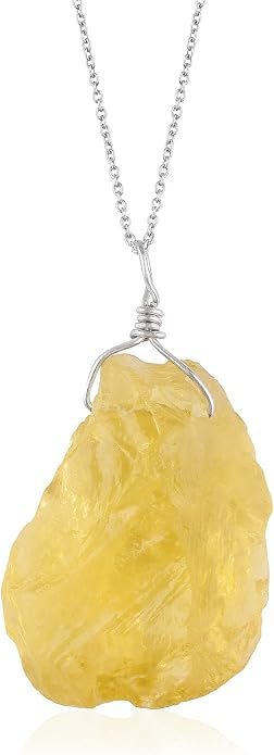 Natural Raw Lemon Quartz Stone Rough Crystal Gemstone Dainty Women Pendant Necklace, Chakra Healing Crystals, Birthstone, Gift, Rhodium Plated 925 Sterling Silver Chain 18 inch