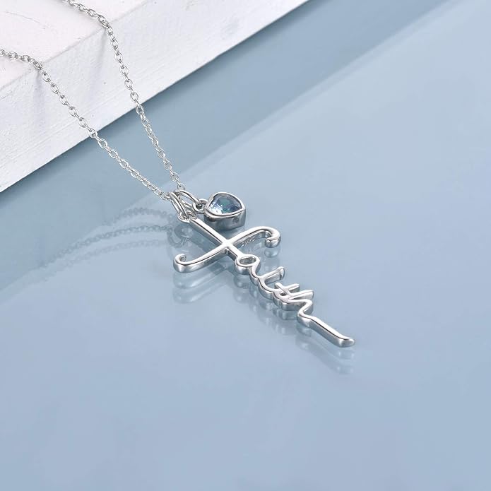 Faith Cross Necklace For Women Birthstone Sterling Silver with Simulated Birthstone Cross Jewelry Christian Gifts