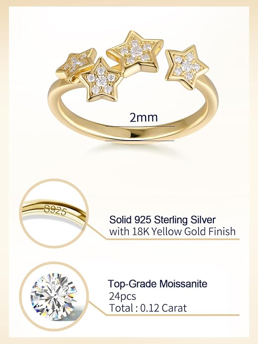 Moissanite Flower/Butterfly/Star Pretty Open Ring for Women, Adjustable Ring, Solid 925 Sterling Silver with Gold Plated, Stackable Ring, Birthday Valentines Anniversary Mothers Day Ideal Gift for Her