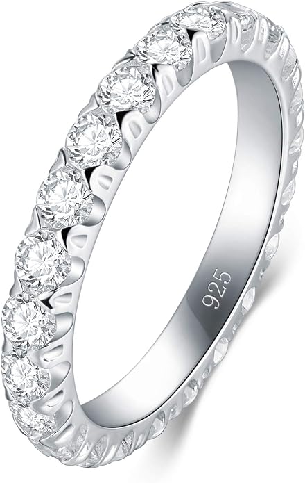 BORUO Sterling Silver Ring - Wedding Bands for Women, Eternity Band, Cubic Zirconia Simulated Diamond Stackable Band for Oura Ring Gen3/4-1.5mm 3mm Band Size 4-12