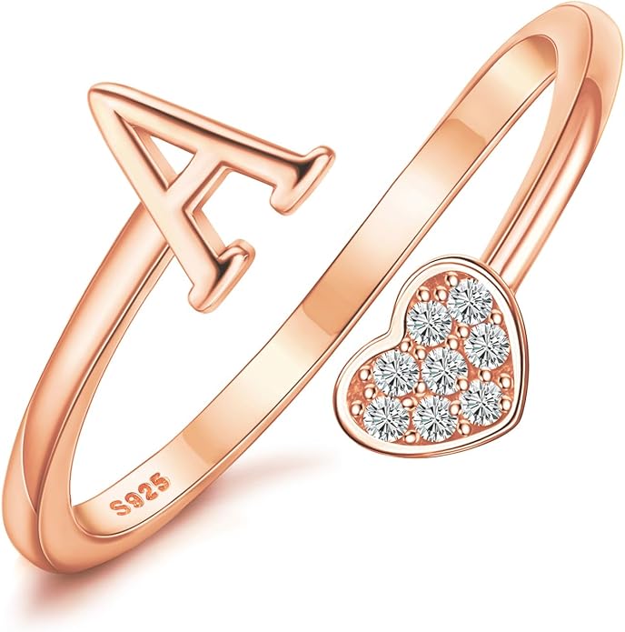 MILACOLATO 925 Sterling Silver Initial Rings for Women Teen Girl 18K Gold Plated Heart Initial Rings Adjustable Capital Letter Ring Stackable Thumb Pinky Rings for Daughter Birthday Bridesmaid Gifts Jewelry, A to Z