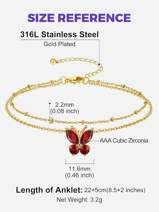 Richsteel Double Layer Heart/Butterfly Birthstone Anklet for Women Non Tarnish Waterproof, Silver/Gold/Black Stainless Steel 8.5-10.5 Inch Adjustable Chain Anklets Jewelry Gifts for Her