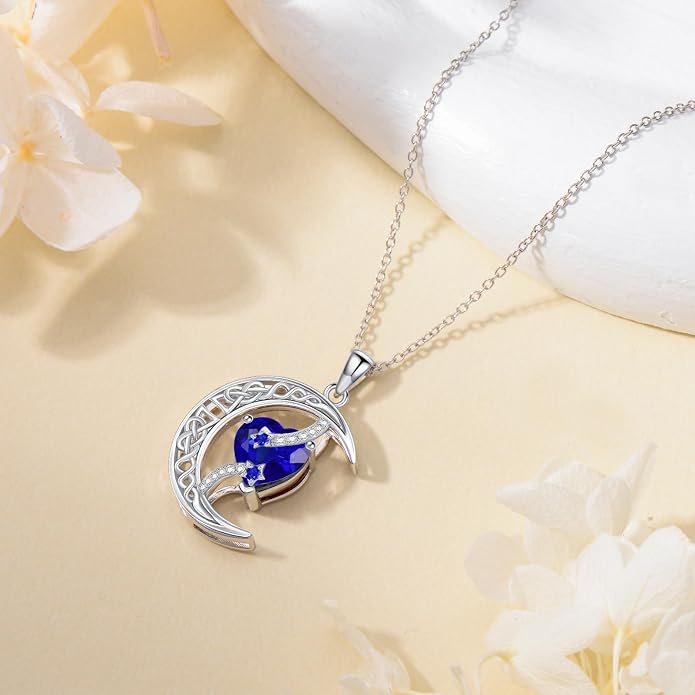 TOUPOP Moon and Star Birthstone Necklace for Women 925 Sterling Silver Celtic Moon Jewelry Birthday Mothers Day Gifts for Mom Wife Her