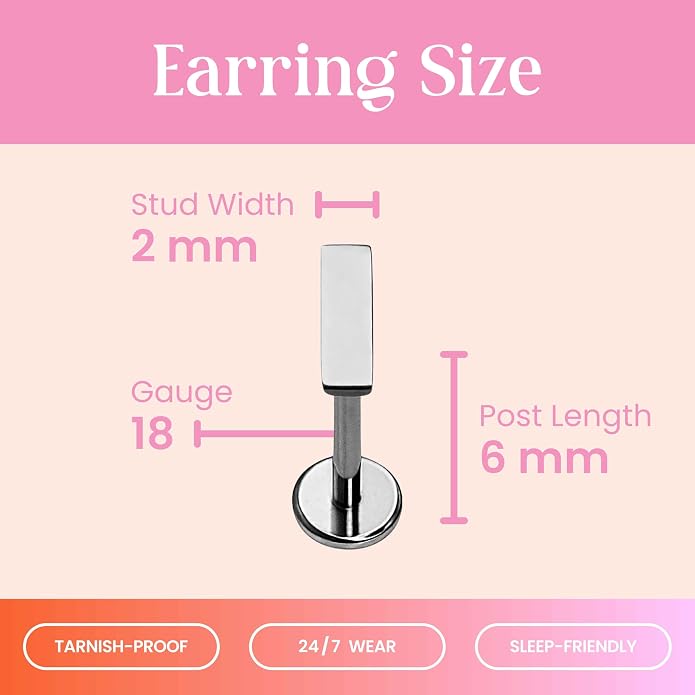 Cords Club Bar Flat Back Stud – ASTM-F136 Implant Grade Titanium - Push Pin Design for Sensitive Ears (Single Earring)