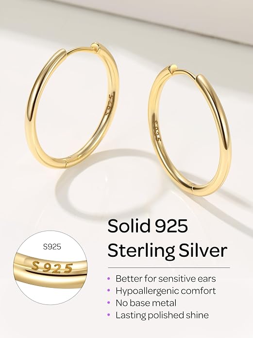 ChicSilver Sterling Silver Hoop Earrings for Women Hypoallergenic 925 Sterling Silver Huggie Earrings for Women Dainty Earring (8/10/12/14/16/18/20MM)