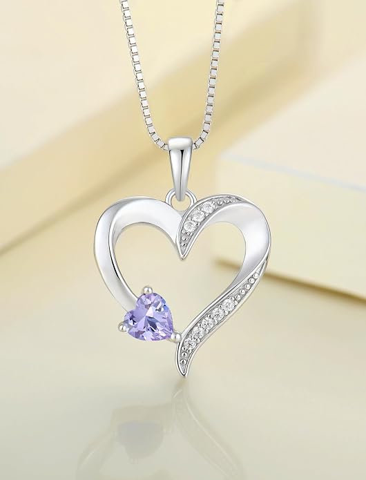 YL Heart Necklace 925 Sterling Silver Love Heart Pendant Birthstone Jewelry for Women