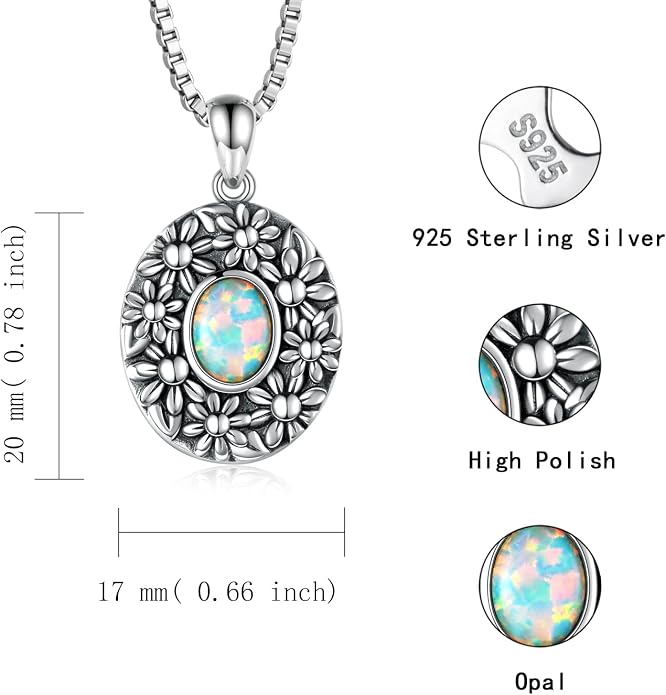 Sterling Silver Locket Necklace for Woman Vintage Opal Locket Necklace That Holds Pictures Always in My Heart Photos Daisy Flowers Locket Jewelry Gifts