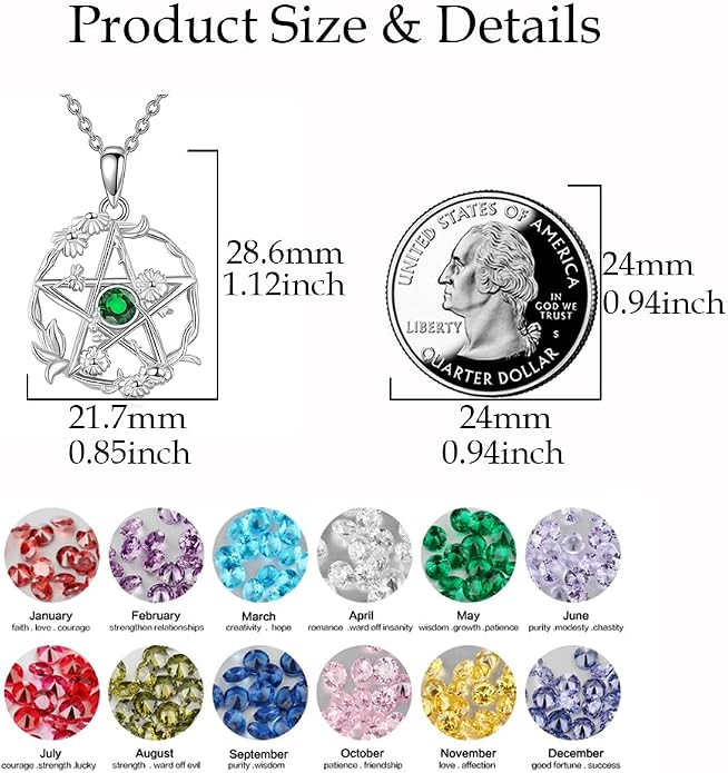 Birthstone Pentagram Necklace for Women 925 Sterling Silver Pentacle Daisy Pendant Pentacle Jewelry Birthday Gifts
