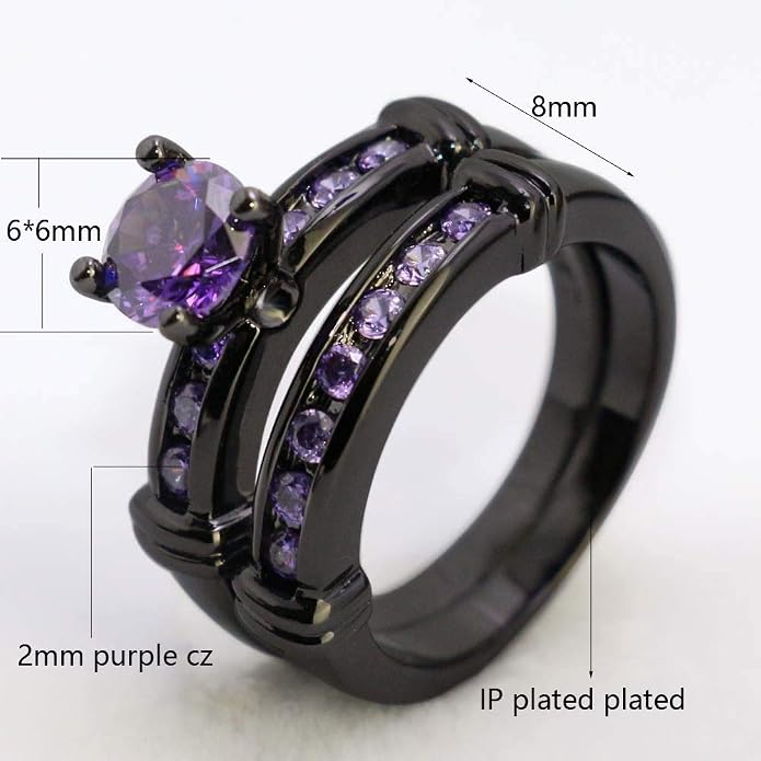 3pcs Matching Rings His and Hers Ring Couple Rings Pruple Cz Womens Wedding Ring Sets Wedding Bands