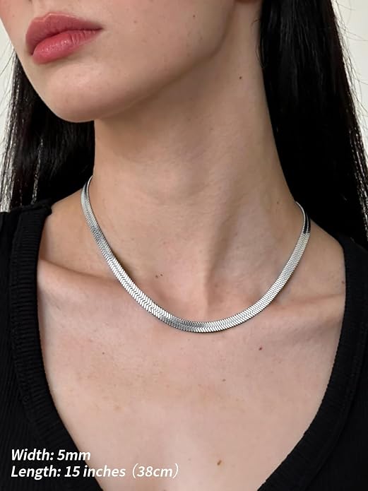 FindChic Black/14K Gold Plated Herringbone Choker Chain Necklace for Women | Waterproof Stainless Steel, Dainty Layering, Flat Snake Chain, Non-Tarnish, Hypoallergenic, Adjustable Extender, Gift Box