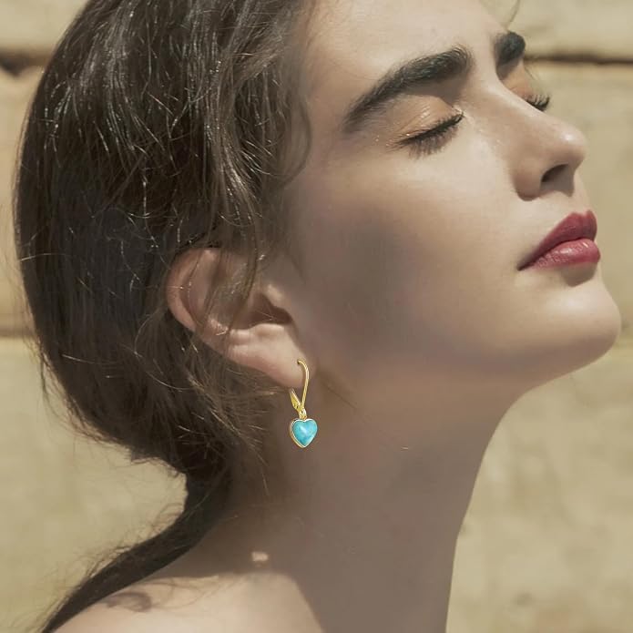 Heart Natural Turquoise Earrings for Women - Top AAA Grade, Hypoallergenic 925 Sterling Silver Leverback Dangle Earrings, Trendy Jewelry Gifts