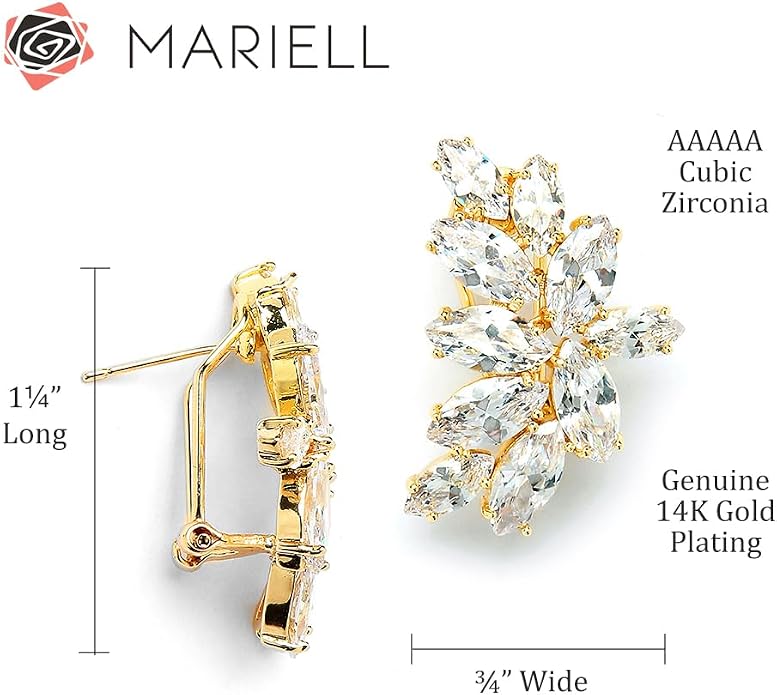 Mariell Clip-On Cubic Zirconia Crystal Bridal Earrings, Marquise Shape CZ Curved Clusters, Women Earrings for Wedding, Bridesmaids, Homecoming, Mother of the Bride