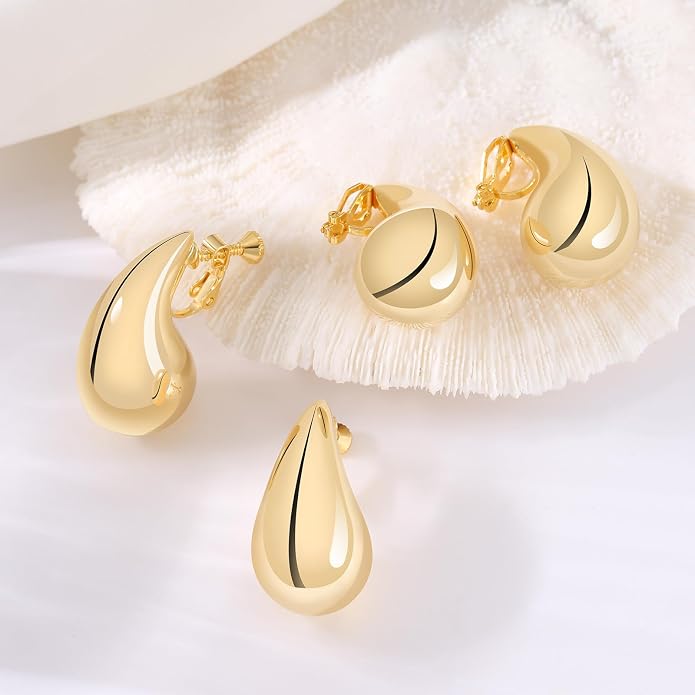 Gold Drop Clip On Earrings Dupes Teardrop Chunky Non Pierced Earring 14K Real Gold Plated Hypoallergenic Lightweight Earrings for Women（Gold and Silver）