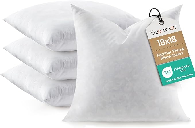 Feather Throw Pillow Inserts Set of 4, Soft Fluffy Square 18 x 18 Inches Decorative Pillow Insert, Feather and Down Euro Pillows for Bed, Couch and Cushion